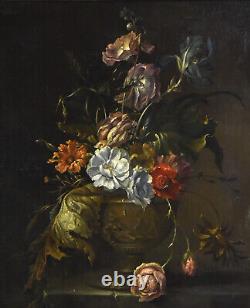 Peinture à l'huile de nature morte de fleurs sauvages du XIXe siècle dans un vase néoclassique antique