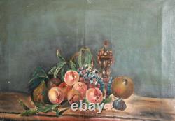 Peinture à l'huile de nature morte impressionniste ancienne avec des fruits signée