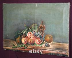 Peinture à l'huile de nature morte impressionniste ancienne avec des fruits signée