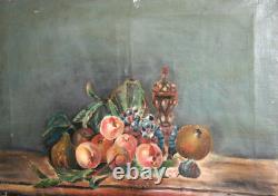 Peinture à l'huile de nature morte impressionniste ancienne avec des fruits signée