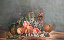 Peinture à l'huile de nature morte impressionniste ancienne avec des fruits signée