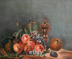 Peinture à l'huile de nature morte impressionniste ancienne avec des fruits signée