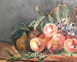 Peinture à l'huile de nature morte impressionniste ancienne avec des fruits signée