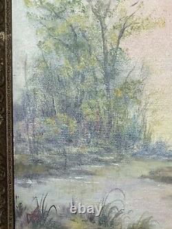 Peinture à l'huile de paysage antique sur bois sculpté encadré signé 22 x 26