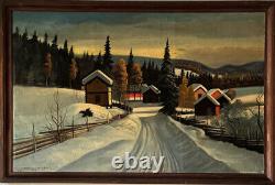 Peinture à l'huile de paysage d'hiver suédois antique en plein air ancien 35 scandinave