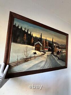 Peinture à l'huile de paysage d'hiver suédois antique en plein air ancien 35 scandinave