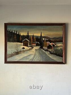 Peinture à l'huile de paysage d'hiver suédois antique en plein air ancien 35 scandinave