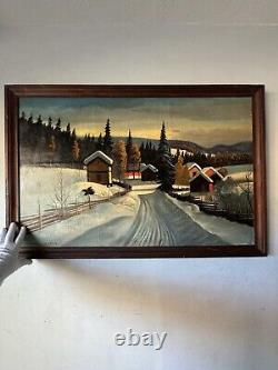 Peinture à l'huile de paysage d'hiver suédois antique en plein air ancien 35 scandinave