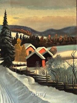 Peinture à l'huile de paysage d'hiver suédois antique en plein air ancien 35 scandinave