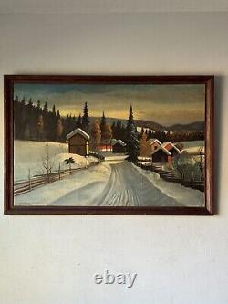 Peinture à l'huile de paysage d'hiver suédois antique en plein air ancien 35 scandinave