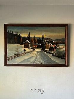 Peinture à l'huile de paysage d'hiver suédois antique en plein air ancien 35 scandinave