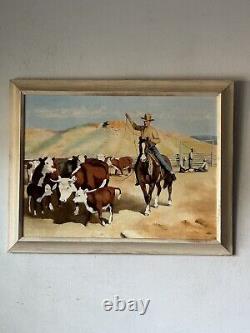 Peinture à l'huile de paysage de cow-boy antique de John Crowell avec des vieux chevaux et des vaches en 1957