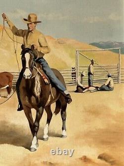 Peinture à l'huile de paysage de cow-boy antique de John Crowell avec des vieux chevaux et des vaches en 1957