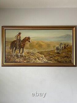Peinture à l'huile de paysage de cow-boy occidental antique, chevaux vieux et vintage 1967
