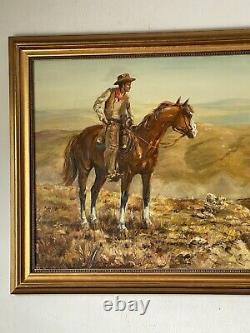Peinture à l'huile de paysage de cow-boy occidental antique, chevaux vieux et vintage 1967