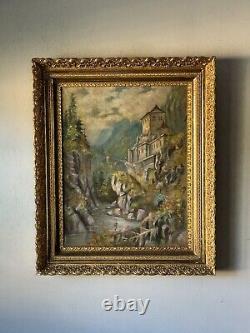 Peinture à l'huile de paysage en plein air de la Suisse du 19e siècle dans les Alpes suisses anciennes