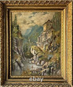 Peinture à l'huile de paysage en plein air de la Suisse du 19e siècle dans les Alpes suisses anciennes