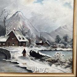 Peinture à l'huile de paysage enneigé antique sur panneau d'académie Scène de cabane de montagne 28