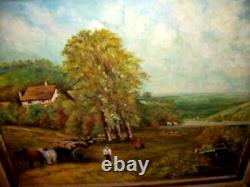 Peinture à l'huile de paysage impressionniste antique, immense, d'art populaire allemand avec bétail et maison