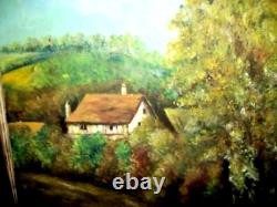 Peinture à l'huile de paysage impressionniste antique, immense, d'art populaire allemand avec bétail et maison