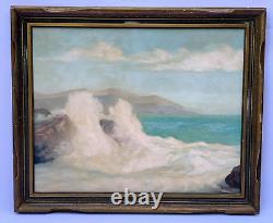 Peinture à l'huile de paysage marin côtier signée Schattle antique avec des vagues déferlantes du milieu du siècle
