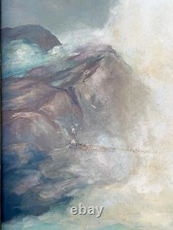 Peinture à l'huile de paysage marin côtier signée Schattle antique avec des vagues déferlantes du milieu du siècle