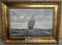 Peinture à l'huile de paysage marin de navire à voiles antique - Bateau maritime océanique nautique du 19ème siècle