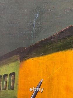 Peinture à l'huile de paysage urbain régionaliste du Mexique ancien, moderne, de l'époque de la WPA, années 1940.