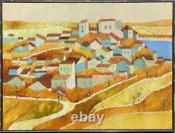 Peinture à l'huile de paysage vintage énorme de la ville moderne du milieu du siècle Duval Antique