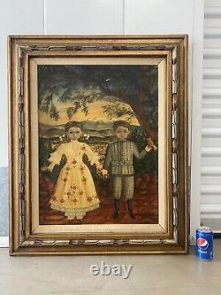 Peinture à l'huile de portrait d'enfant moderne d'art populaire mexicain ancien vintage LABIOS