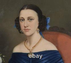 Peinture à l'huile de portrait grandeur nature du XIXe siècle d'une jeune femme américaine ancienne
