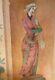 Peinture à L'huile De Style Antique Persan Femme Avec Fleurs Et Oiseau 48 X 71 Po. Grand