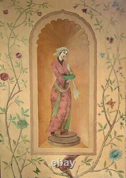 Peinture à l'huile de style antique persan Femme avec fleurs et oiseau 48 x 71 po. Grand