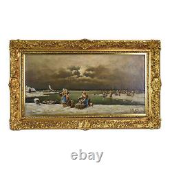 Peinture à l'huile du XIXe siècle représentant des pêcheurs triant leur prise, signée G. Birkett
