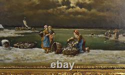 Peinture à l'huile du XIXe siècle représentant des pêcheurs triant leur prise, signée G. Birkett