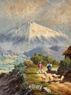 Peinture à l'huile du paysage d'un vieux village antique de l'Équateur par Joaquin Endara Ruiz des années 50 en Amérique latine.