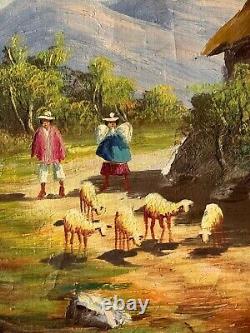 Peinture à l'huile du paysage d'un vieux village antique de l'Équateur par Joaquin Endara Ruiz des années 50 en Amérique latine.