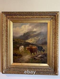 Peinture à l'huile du paysage de vaches bovines anciennes du XIXe siècle par Henry Cooper, antiquité britannique.