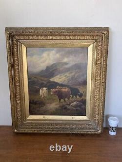 Peinture à l'huile du paysage de vaches bovines anciennes du XIXe siècle par Henry Cooper, antiquité britannique.