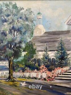 Peinture à l'huile du paysage urbain de Rockport, MA, Nouvelle-Angleterre, dans le style du régionalisme américain antique.