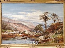 Peinture à l'huile encadrée de 1885 du paysage de la vallée de Lledr Snowdonia au nord du Pays de Galles