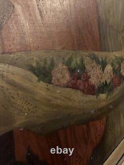 Peinture à l'huile encadrée de grande taille signée, 51x36, femmes fleurs peinture sur toile ancienne