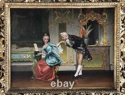 Peinture à l'huile européenne antique Dame au piano XIXe siècle Signée