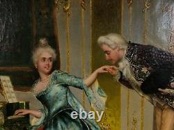 Peinture à l'huile européenne antique Dame au piano XIXe siècle Signée