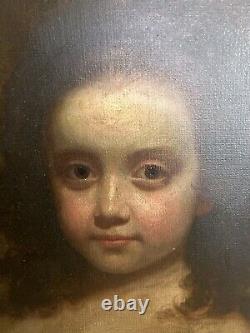 Peinture à l'huile européenne antique sur toile représentant le portrait d'une jeune fille enfant dans son cadre d'origine