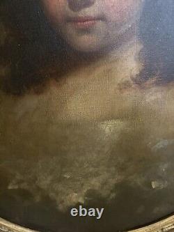 Peinture à l'huile européenne antique sur toile représentant le portrait d'une jeune fille enfant dans son cadre d'origine