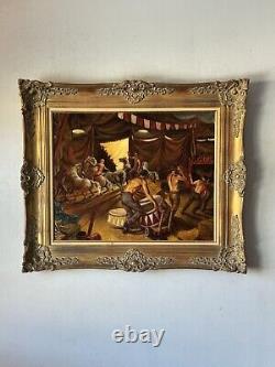 Peinture à l'huile figurative WPA Art Déco antique de Roy Mosier représentant un cirque joyeux de l'ancien réalisme
