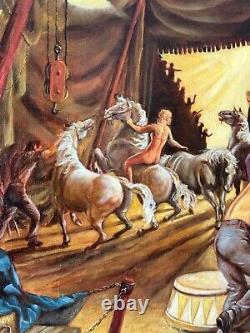 Peinture à l'huile figurative WPA Art Déco antique de Roy Mosier représentant un cirque joyeux de l'ancien réalisme