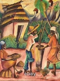 Peinture à l'huile figurative moderne d'art populaire haïtien antique de l'île d'Haïti.