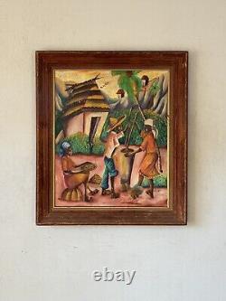 Peinture à l'huile figurative moderne d'art populaire haïtien antique de l'île d'Haïti.